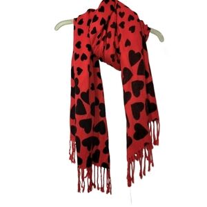 Red & Black Heart Print Scarf/Shawl With Fringe 26" Wide X 6' Long